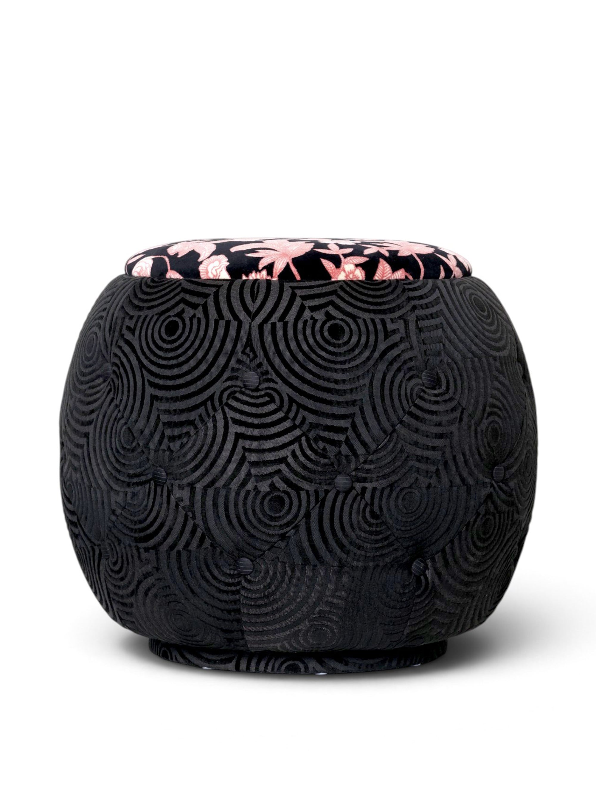 Kai Queen Chair by Maison Mishmashi, accent stool in tufted black jacquard with embossed velvet swirls, topped in black velvet with a coral floral print, view 1