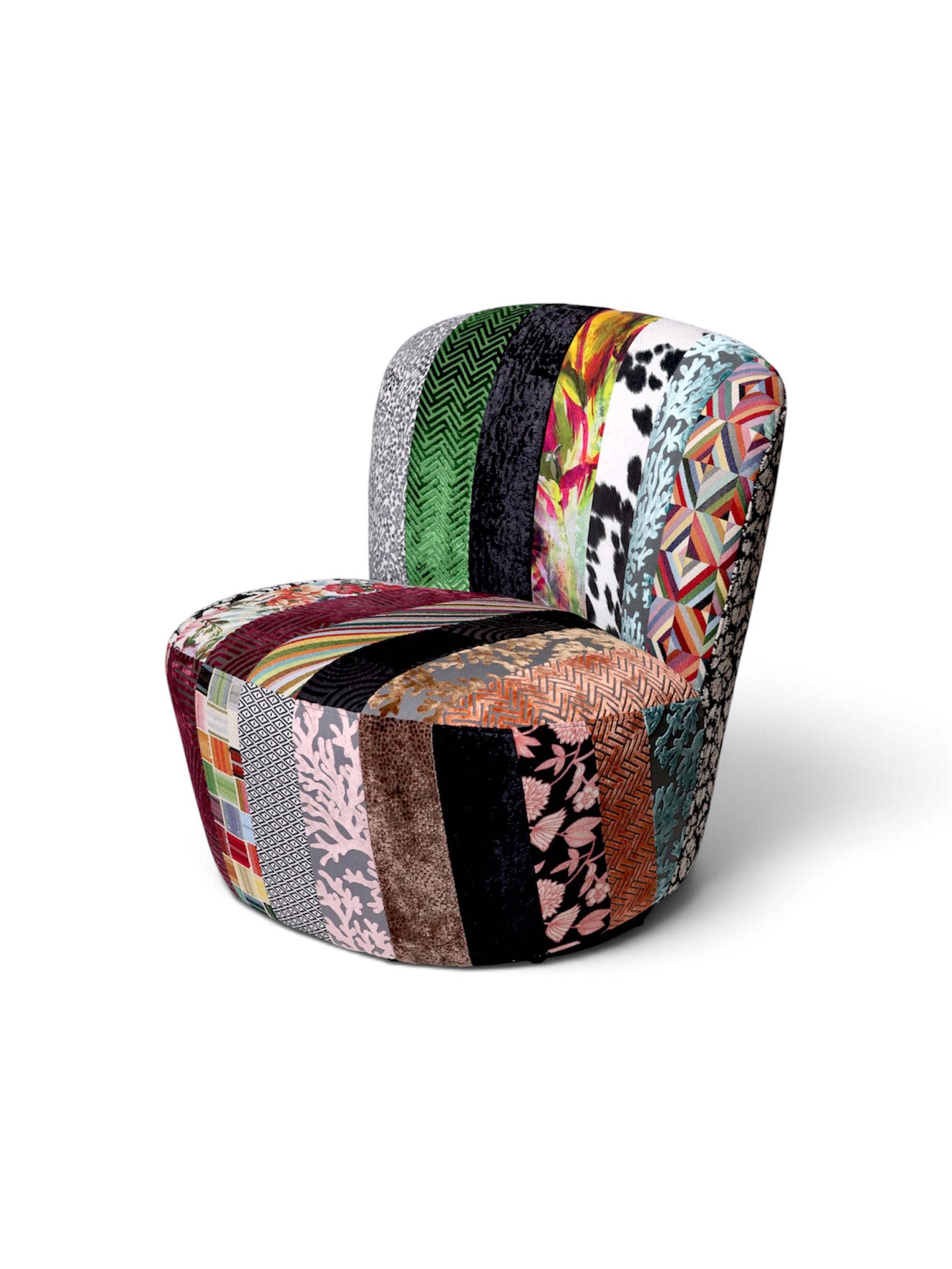 Tango patchwork lounge chair by Maison Mishmashi, three-quarter view