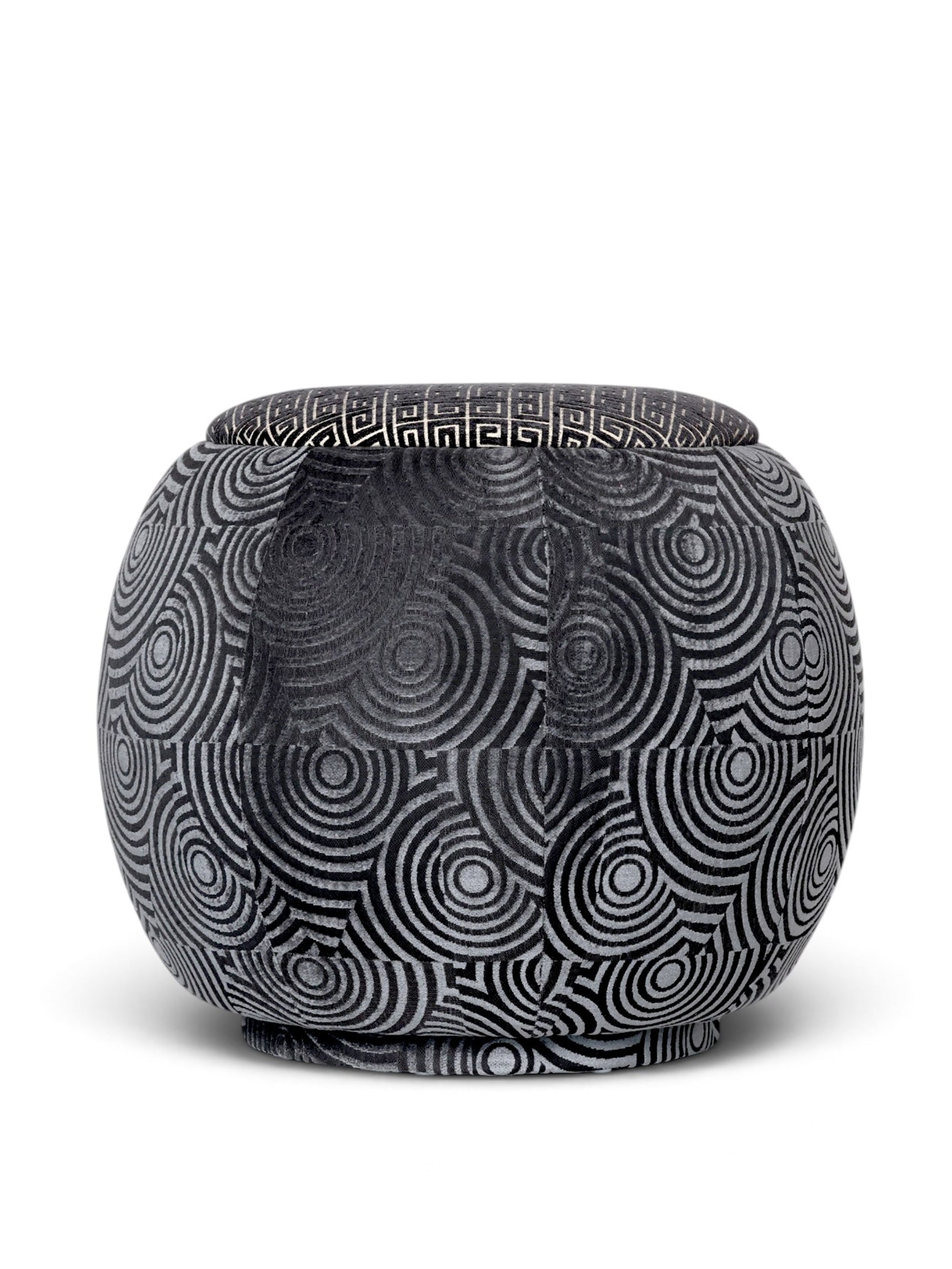 Melo Queen Chair by Maison Mishmashi, accent stool in charcoal jacquard with embossed velvet circles, topped in black and ivory Greek key jacquard, view 1