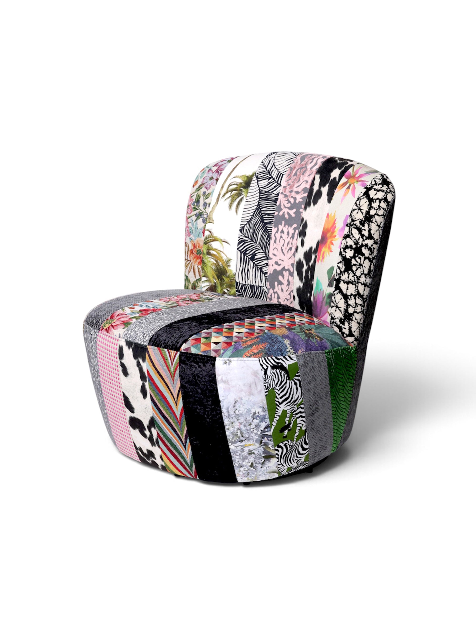Bossa patchwork lounge chair by Maison Mishmashi, three-quarter view