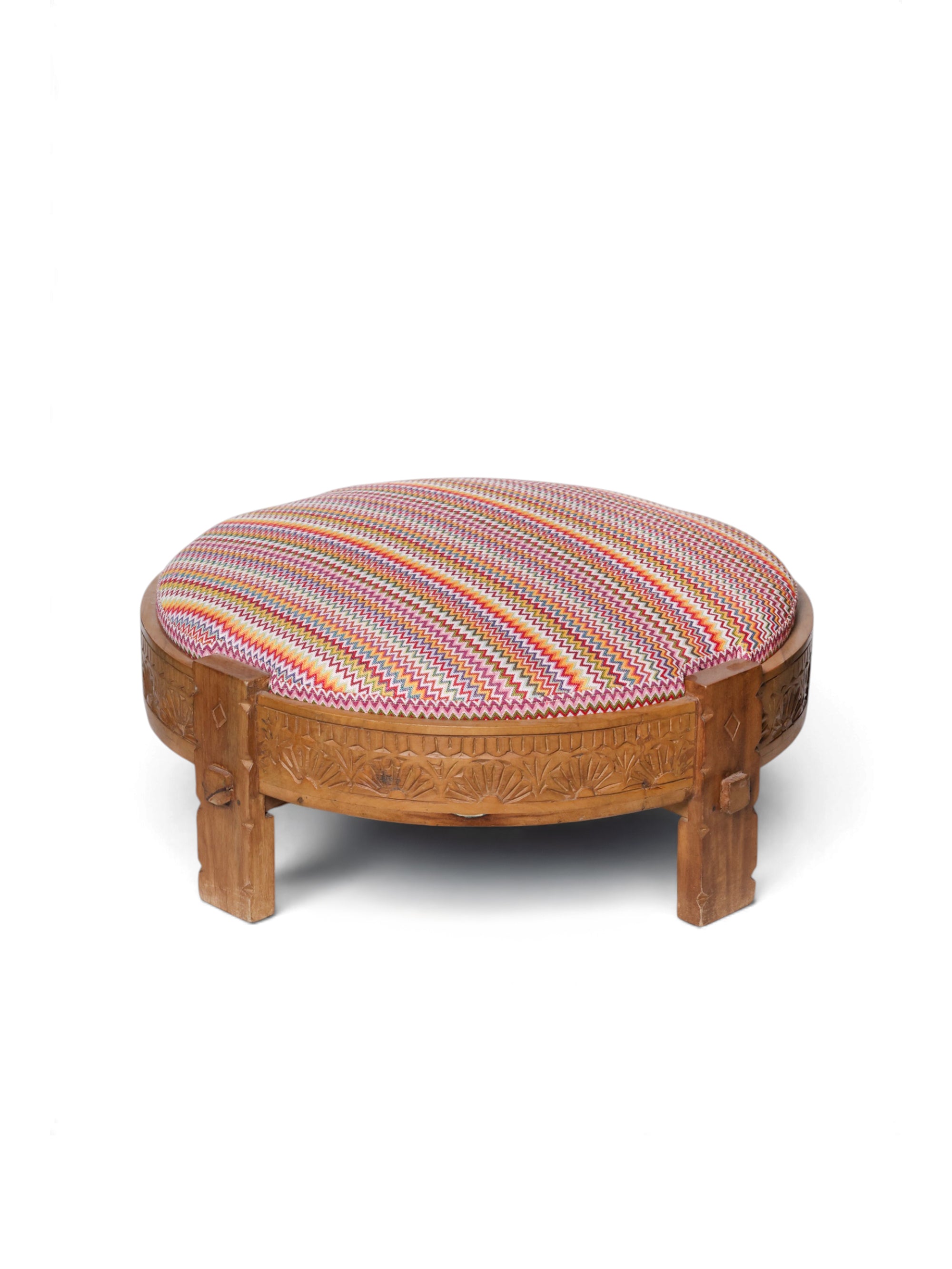 Harar Qahwa Ottoman by Maison Mishmashi in a multicolor zigzag weave with carved wooden frame, front view