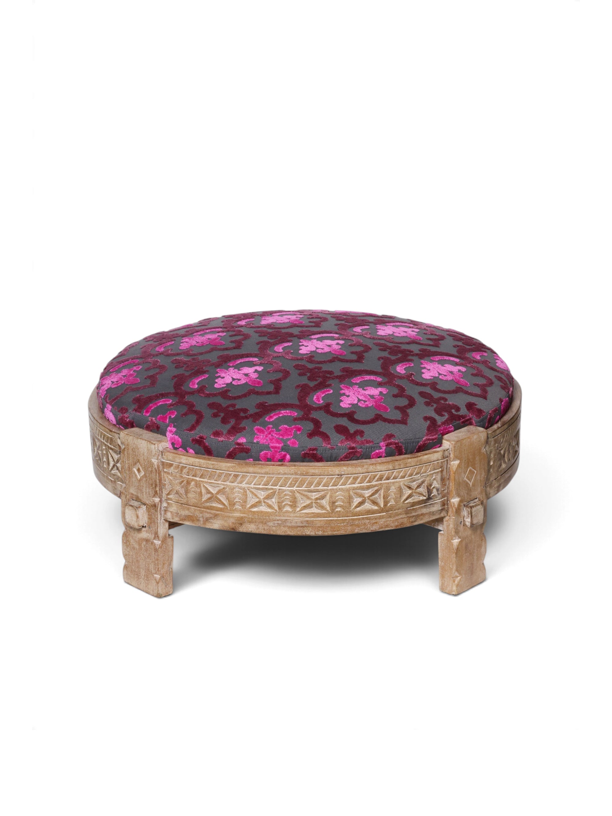 Mokha Qahwa Ottoman by Maison Mishmashi in fuchsia and rose cut velvet with carved wooden frame, front view