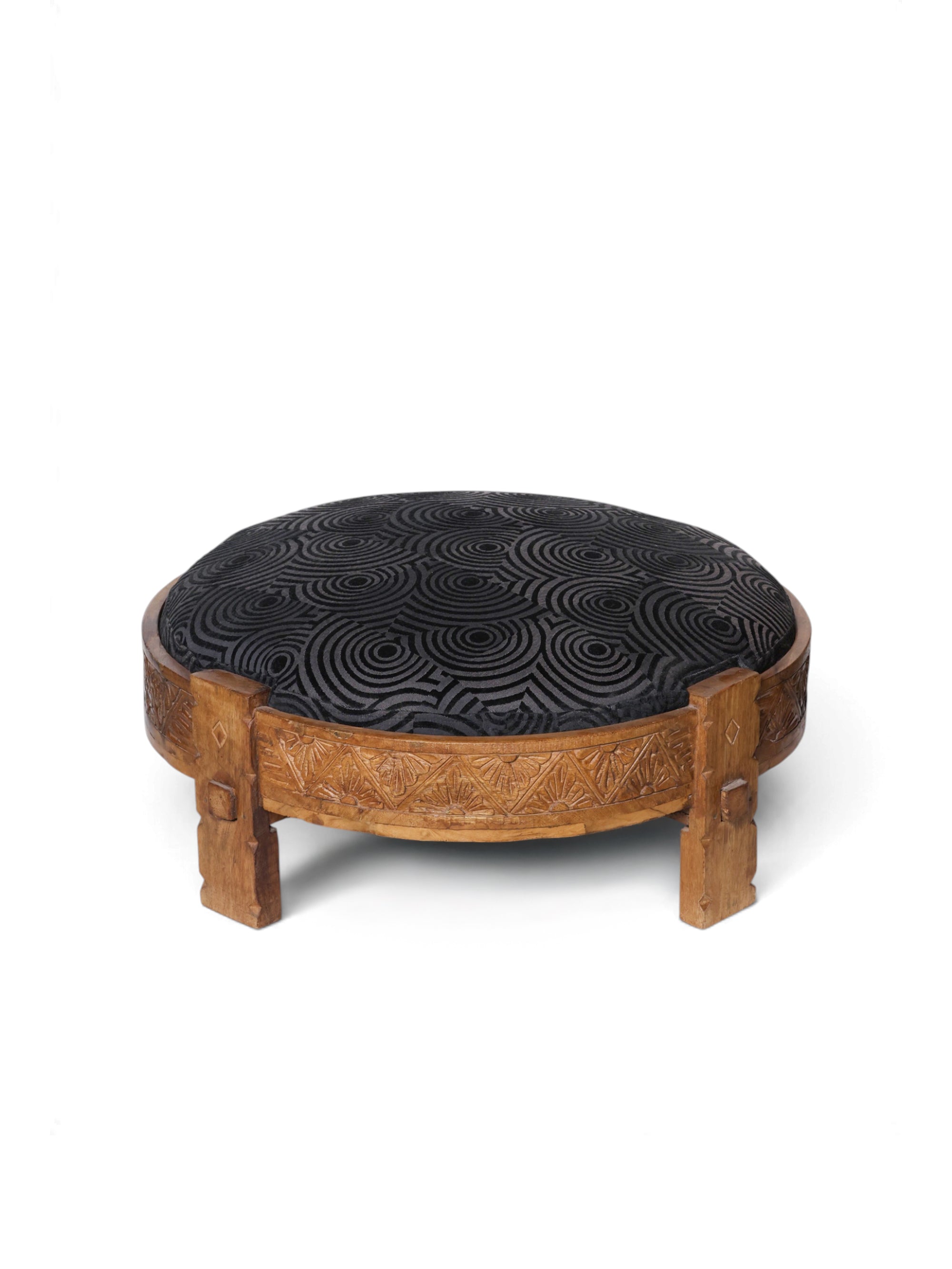 Ristretto Qahwa Ottoman by Maison Mishmashi in black jacquard with embossed velvet circles and carved wooden frame, front view